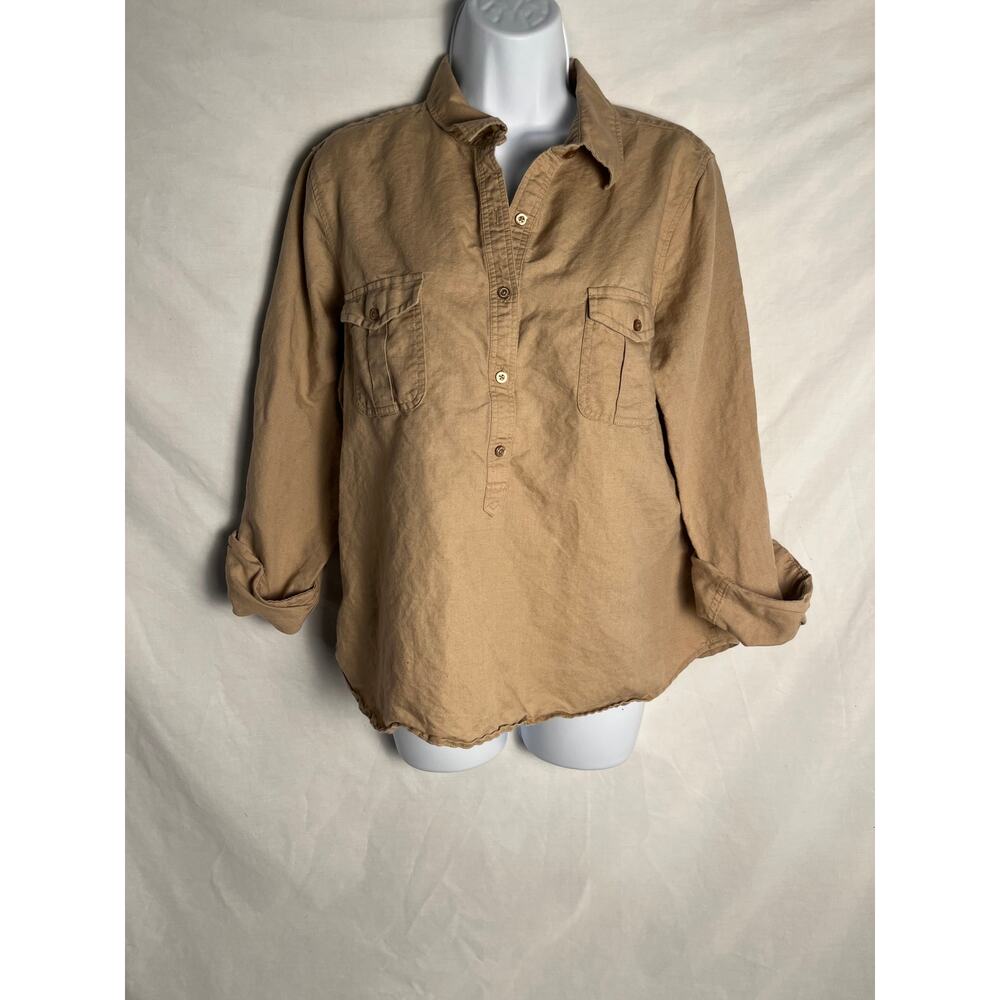 Talbots Petites Women’s Linen Blend Popover Shirt Tan Long Sleeve Size LP
